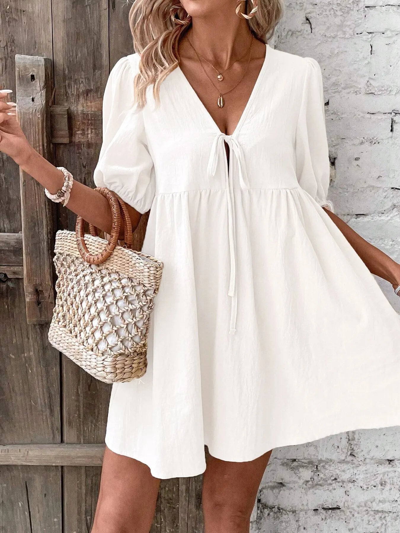V-Neck Tie-Front Mini Dress with Puff Sleeves - URBANPICK FASHION