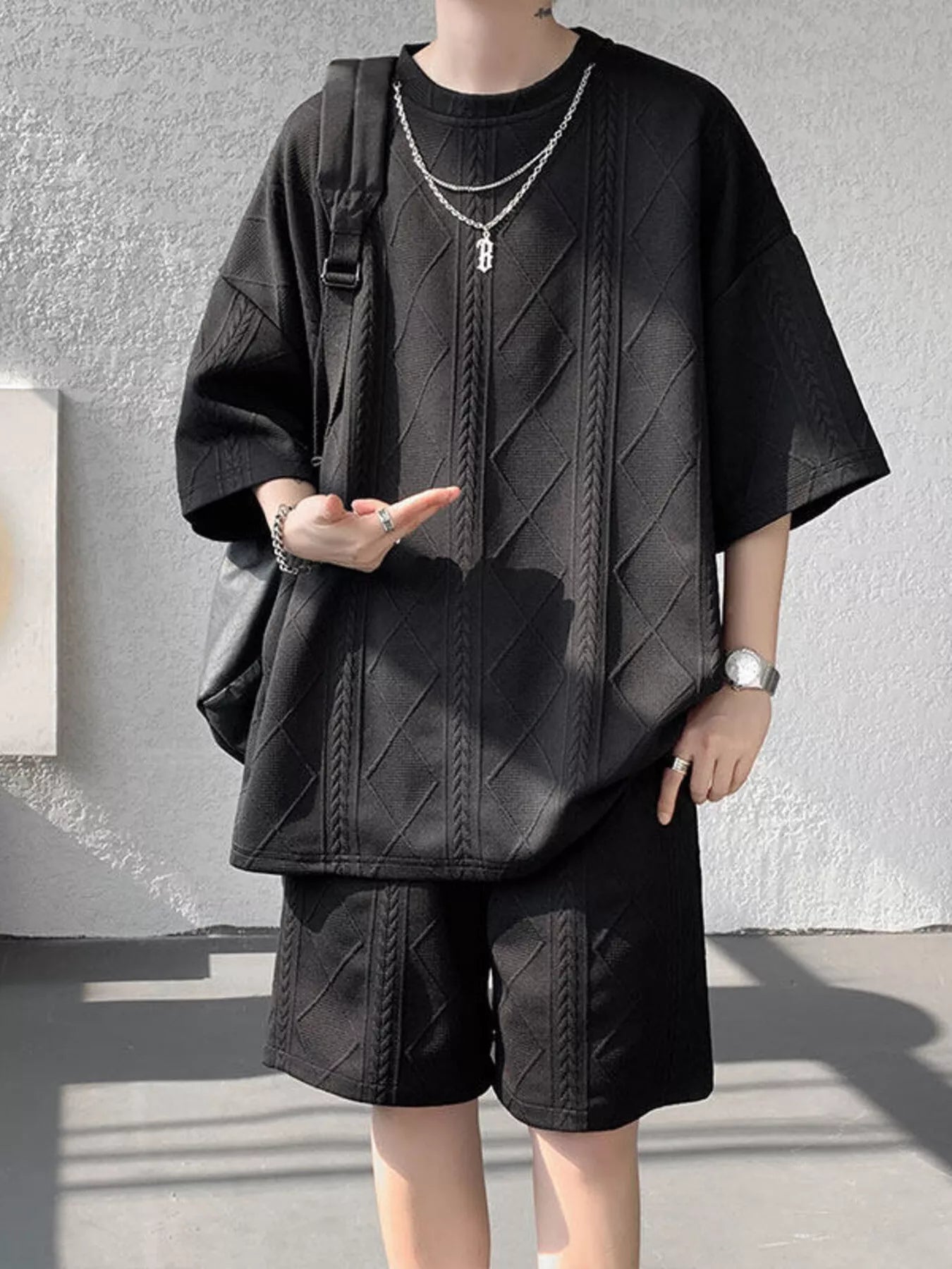 Men's Plus Size Textured Relaxed Fit Top and Shorts Set - URBANPICK FASHION