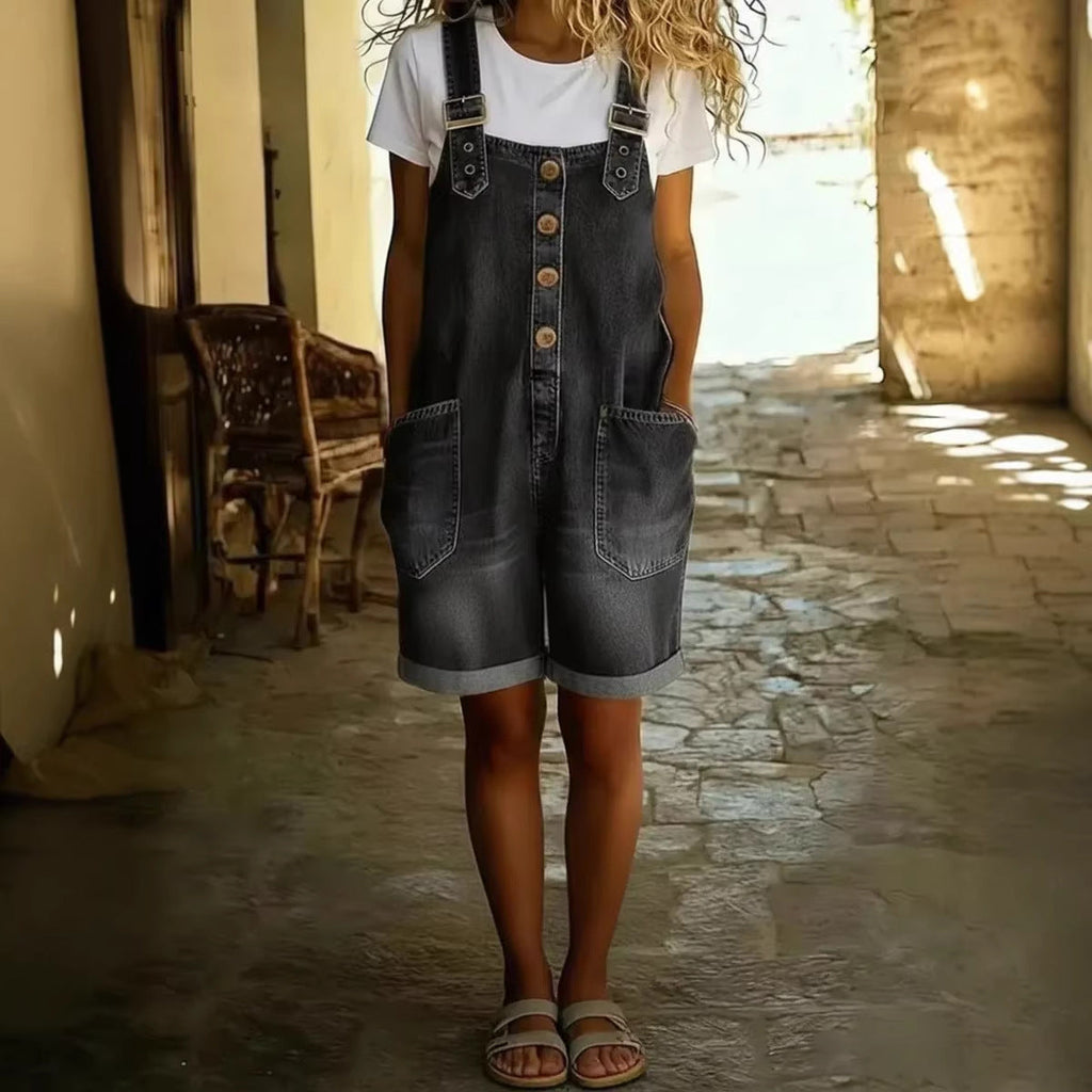 Women’s High-Waisted Sleeveless Denim Shorts Jumpsuit - URBANPICK FASHION