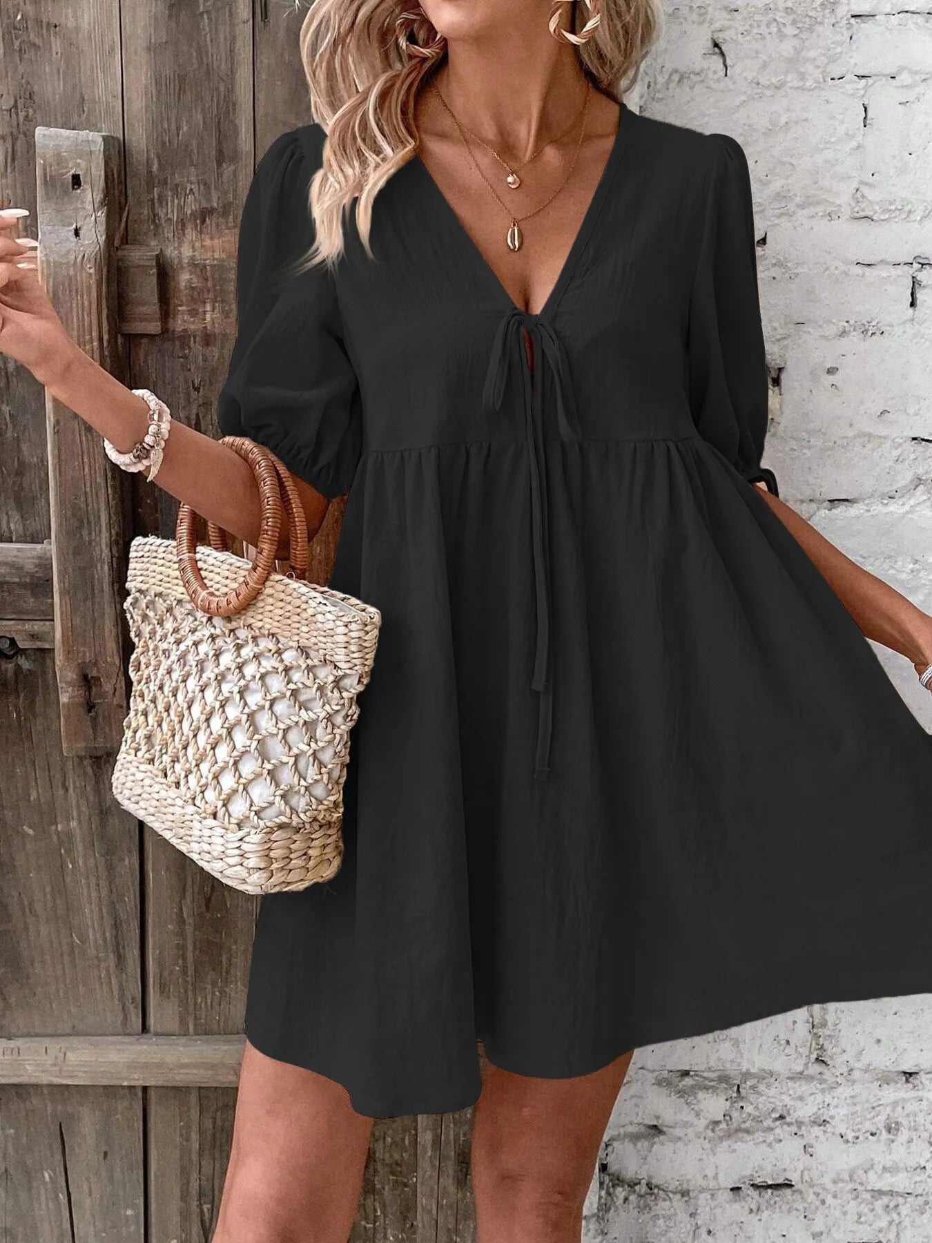 V-Neck Tie-Front Mini Dress with Puff Sleeves - URBANPICK FASHION