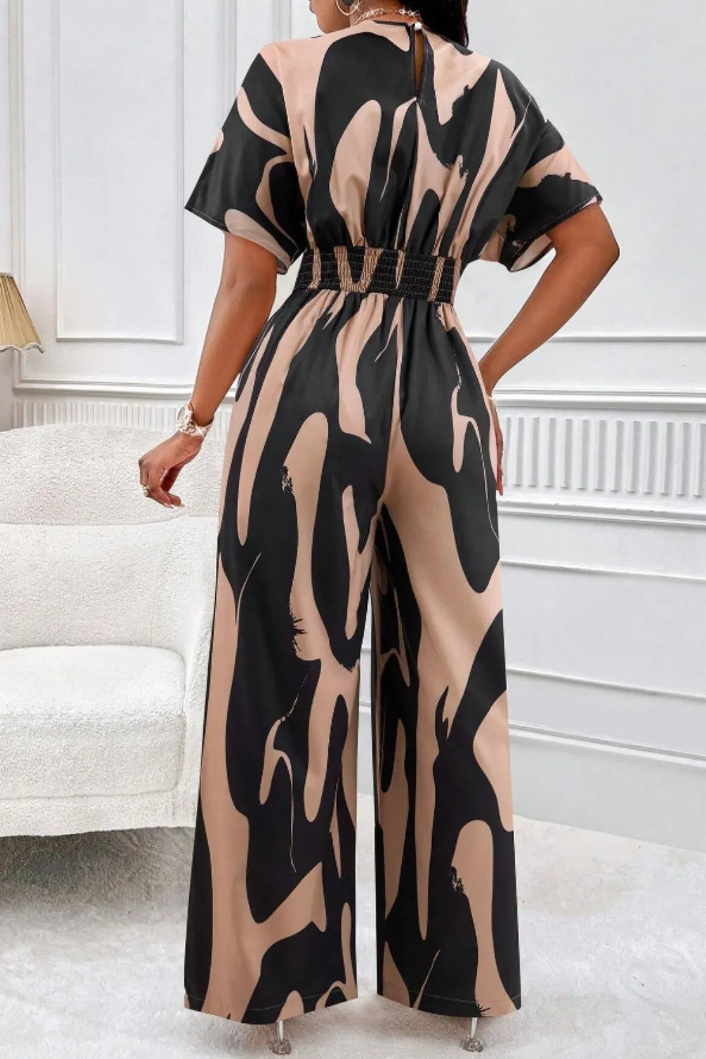 Printed V-Neck Short Sleeve Wide Leg Jumpsuit - URBANPICK FASHION