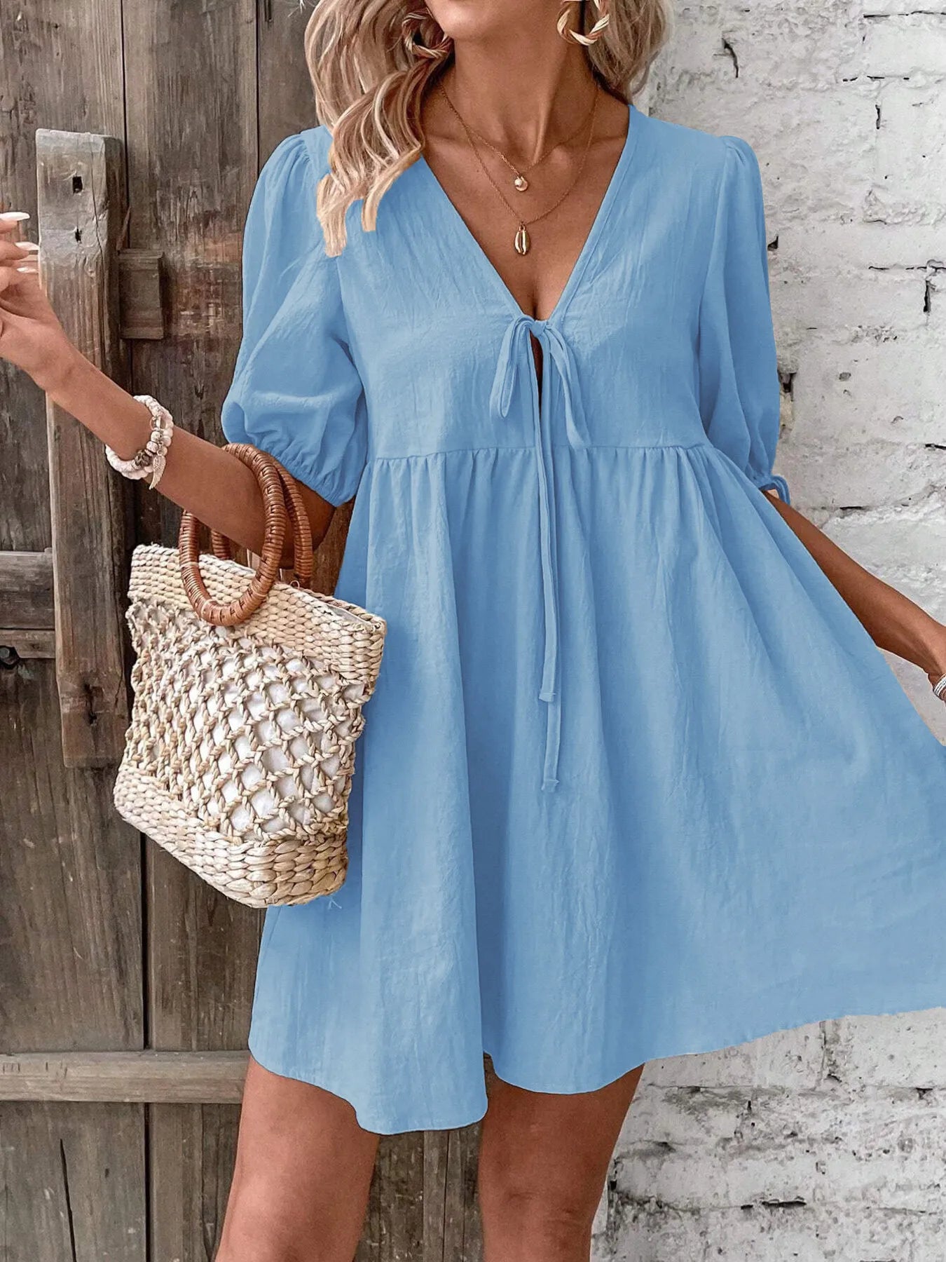 V-Neck Tie-Front Mini Dress with Puff Sleeves - URBANPICK FASHION