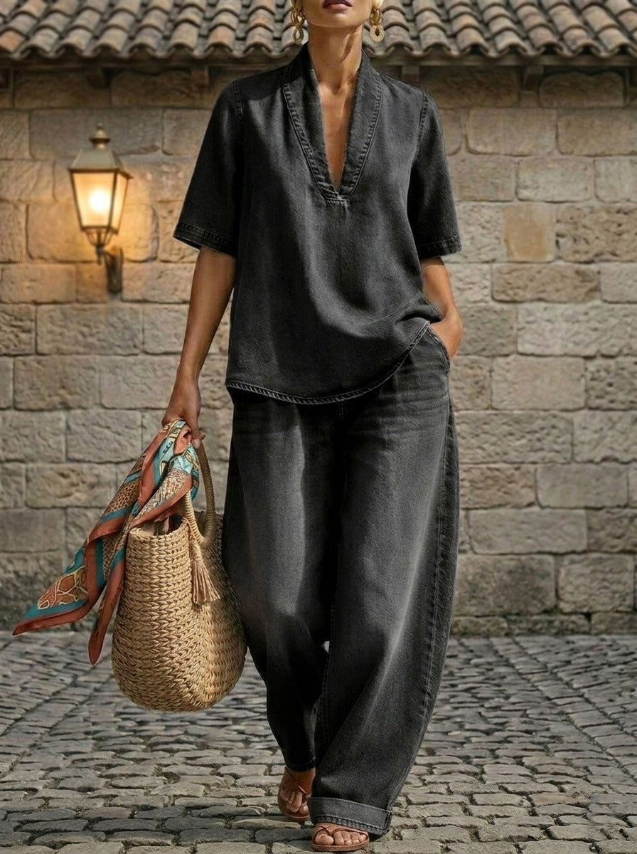 Retro V-Neck Washed Denim Top & Wide-Leg Pants Set – 3 Colors, S–3XL - URBANPICK FASHION
