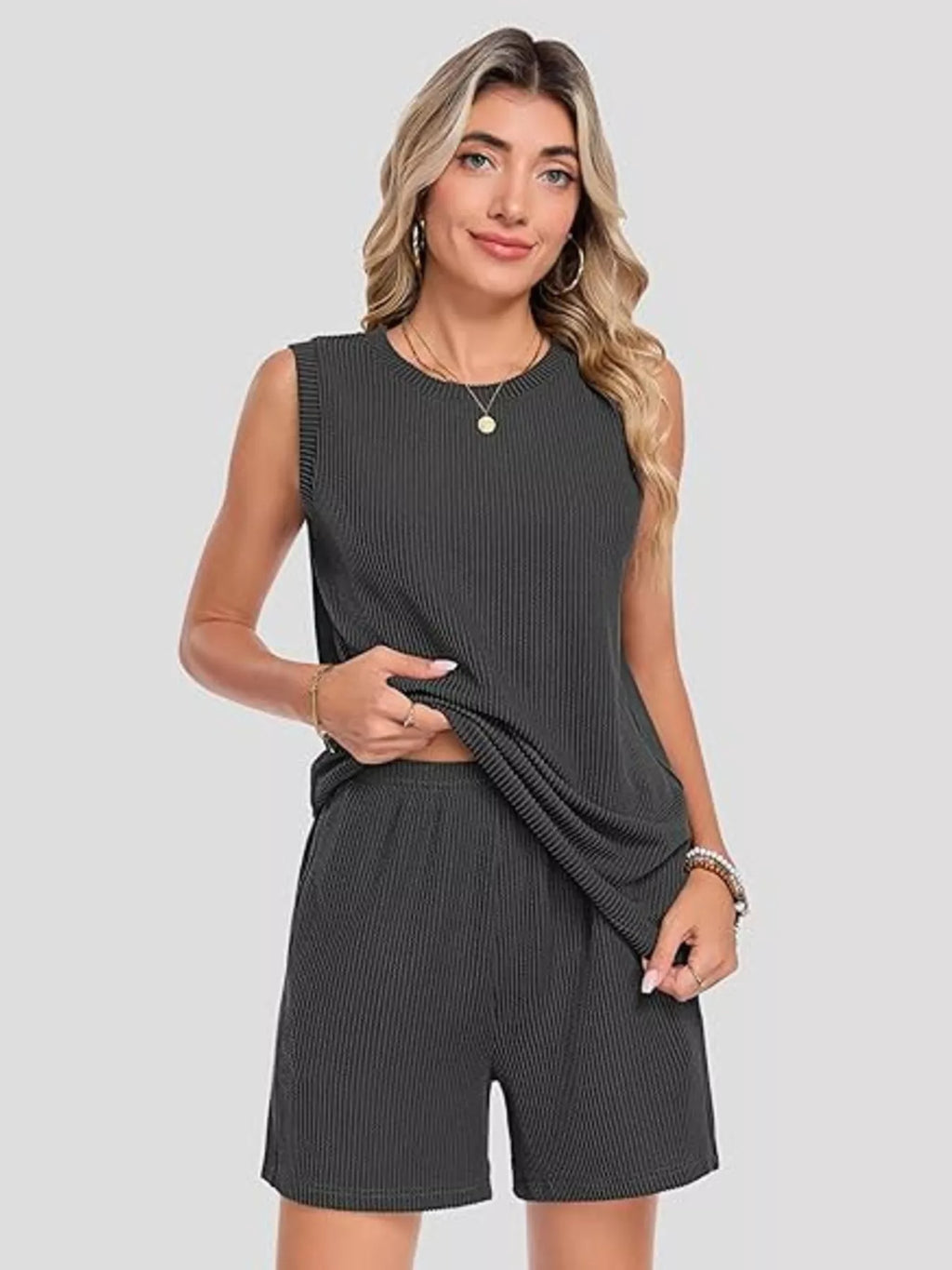 Casual Ribbed Knit Sleeveless Top and Shorts Set - URBANPICK FASHION