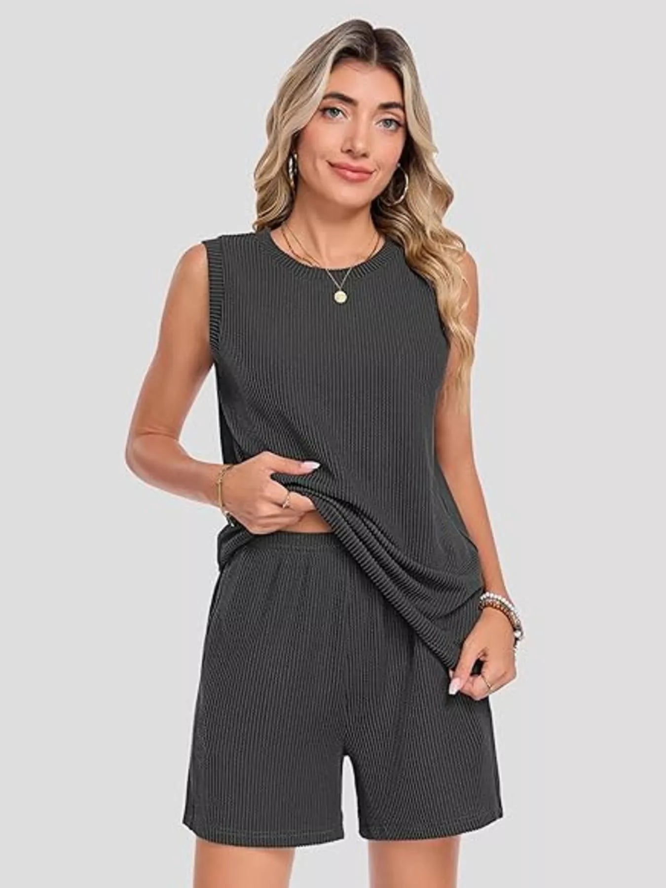 Casual Ribbed Knit Sleeveless Top and Shorts Set - URBANPICK FASHION