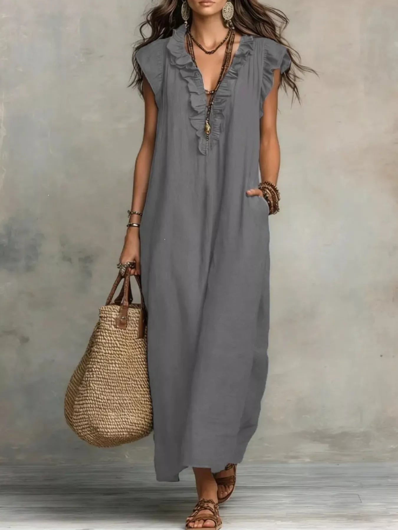 Full Size Ruffled V-Neck Cap Sleeve Maxi Dress Plus Size - URBANPICK FASHION