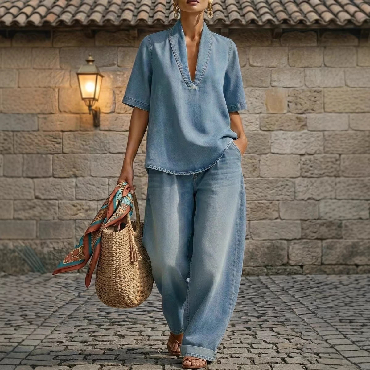 Retro V-Neck Washed Denim Top & Wide-Leg Pants Set – 3 Colors, S–3XL - URBANPICK FASHION