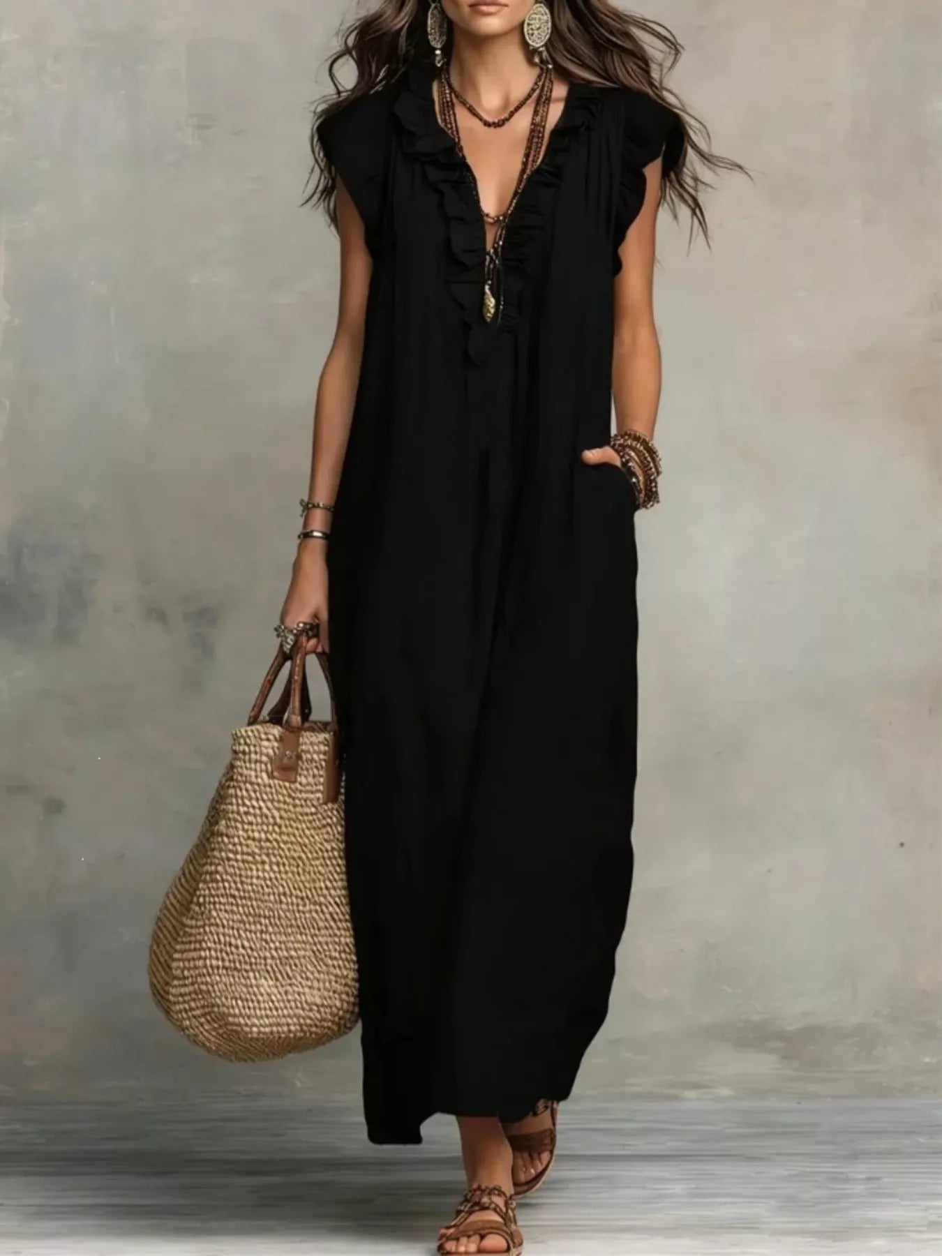 Full Size Ruffled V-Neck Cap Sleeve Maxi Dress Plus Size - URBANPICK FASHION