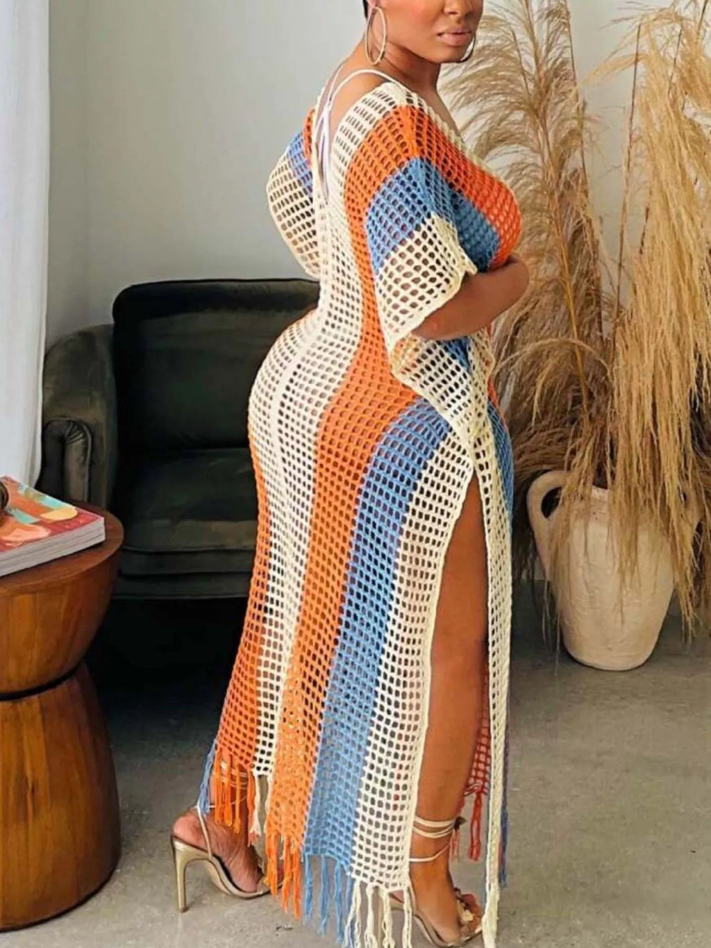 Striped Crochet Cover-Up Dress with Fringe - URBANPICK FASHION