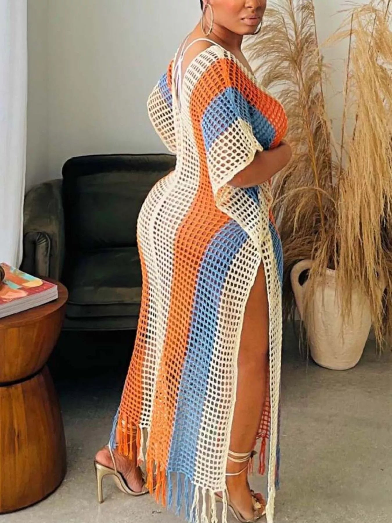 Striped Crochet Cover-Up Dress with Fringe - URBANPICK FASHION