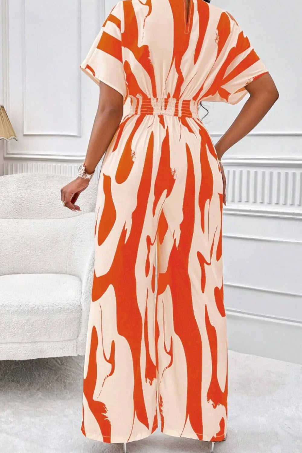 Printed V-Neck Short Sleeve Wide Leg Jumpsuit - URBANPICK FASHION