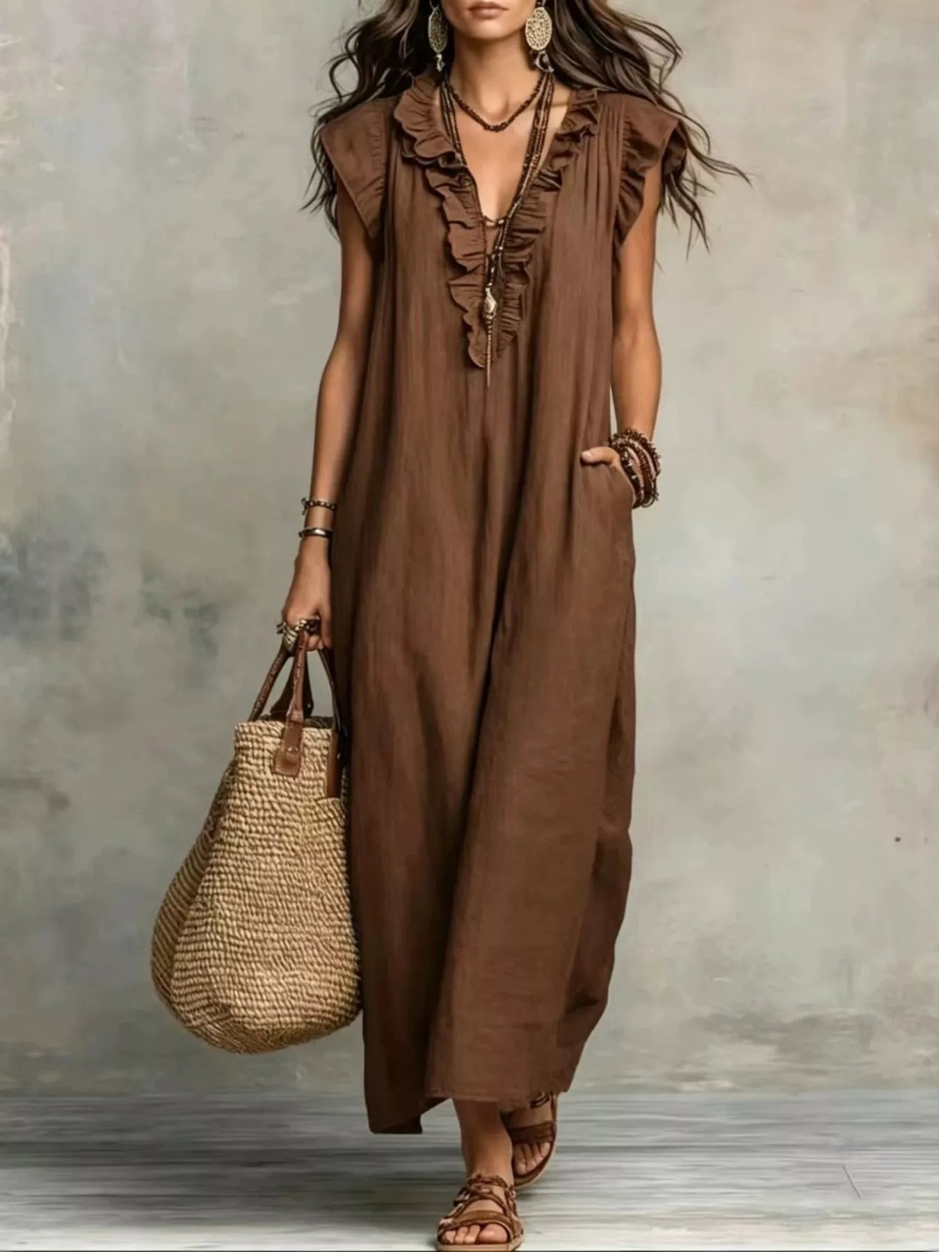Full Size Ruffled V-Neck Cap Sleeve Maxi Dress Plus Size - URBANPICK FASHION