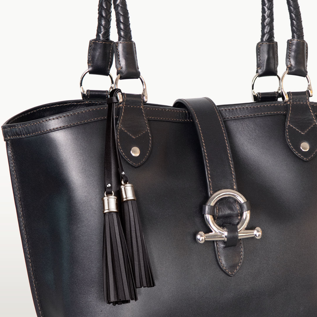 Del Rey -Horse Bit Tote Luxury Leather Handbag in Black - URBANPICK FASHION