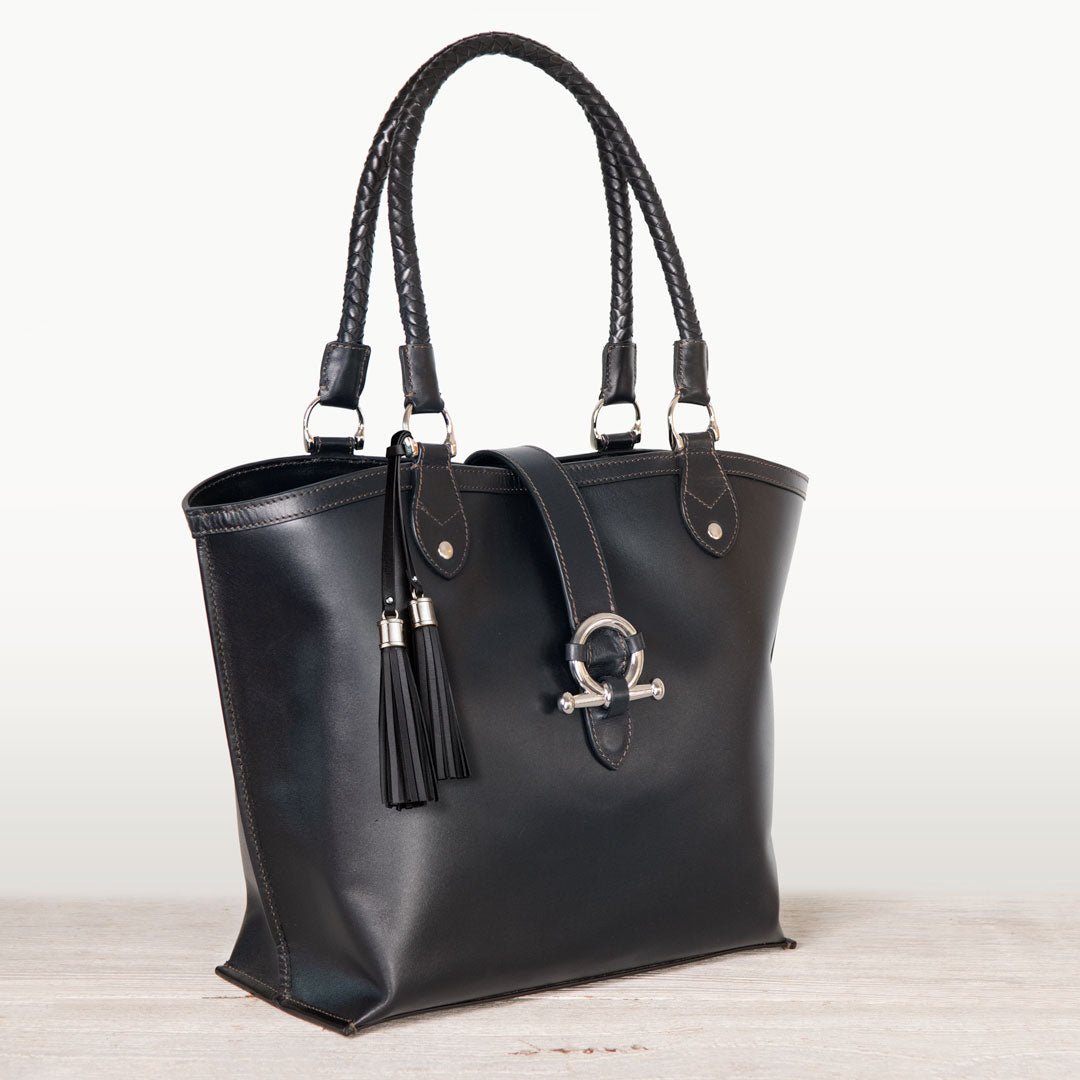 Del Rey -Horse Bit Tote Luxury Leather Handbag in Black - URBANPICK FASHION
