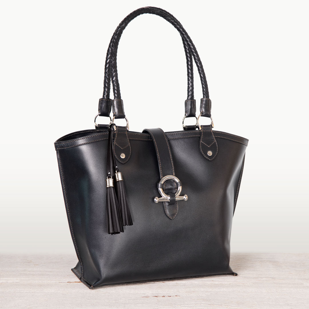 Del Rey -Horse Bit Tote Luxury Leather Handbag in Black - URBANPICK FASHION