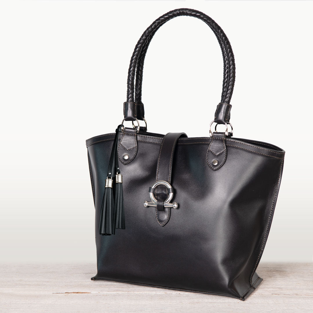 Del Rey -Horse Bit Tote Luxury Leather Handbag in Black - URBANPICK FASHION
