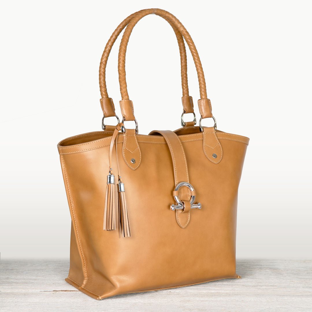 Del Rey -Horse Bit Tote Luxury Leather Handbag in Caramel - URBANPICK FASHION
