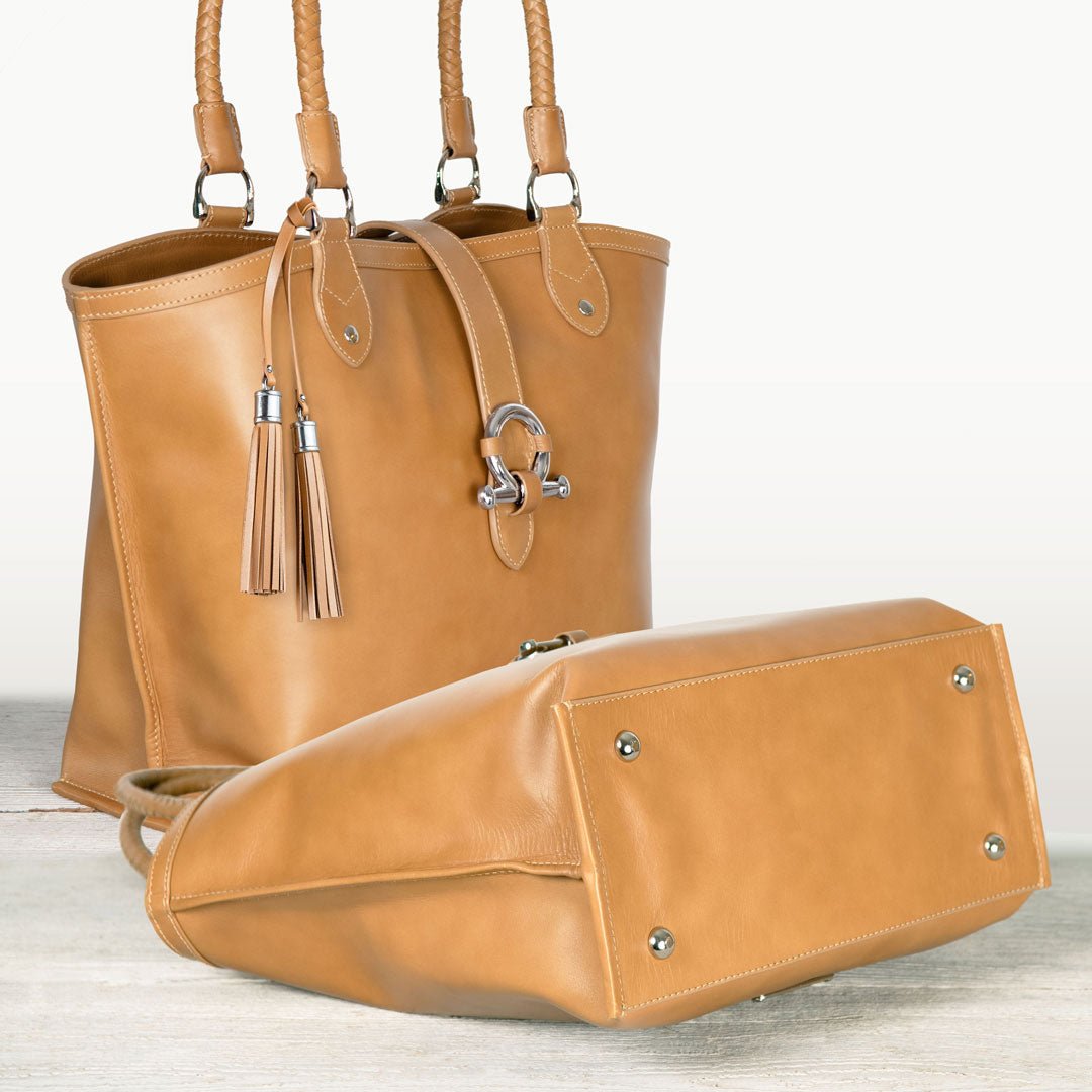 Del Rey -Horse Bit Tote Luxury Leather Handbag in Caramel - URBANPICK FASHION