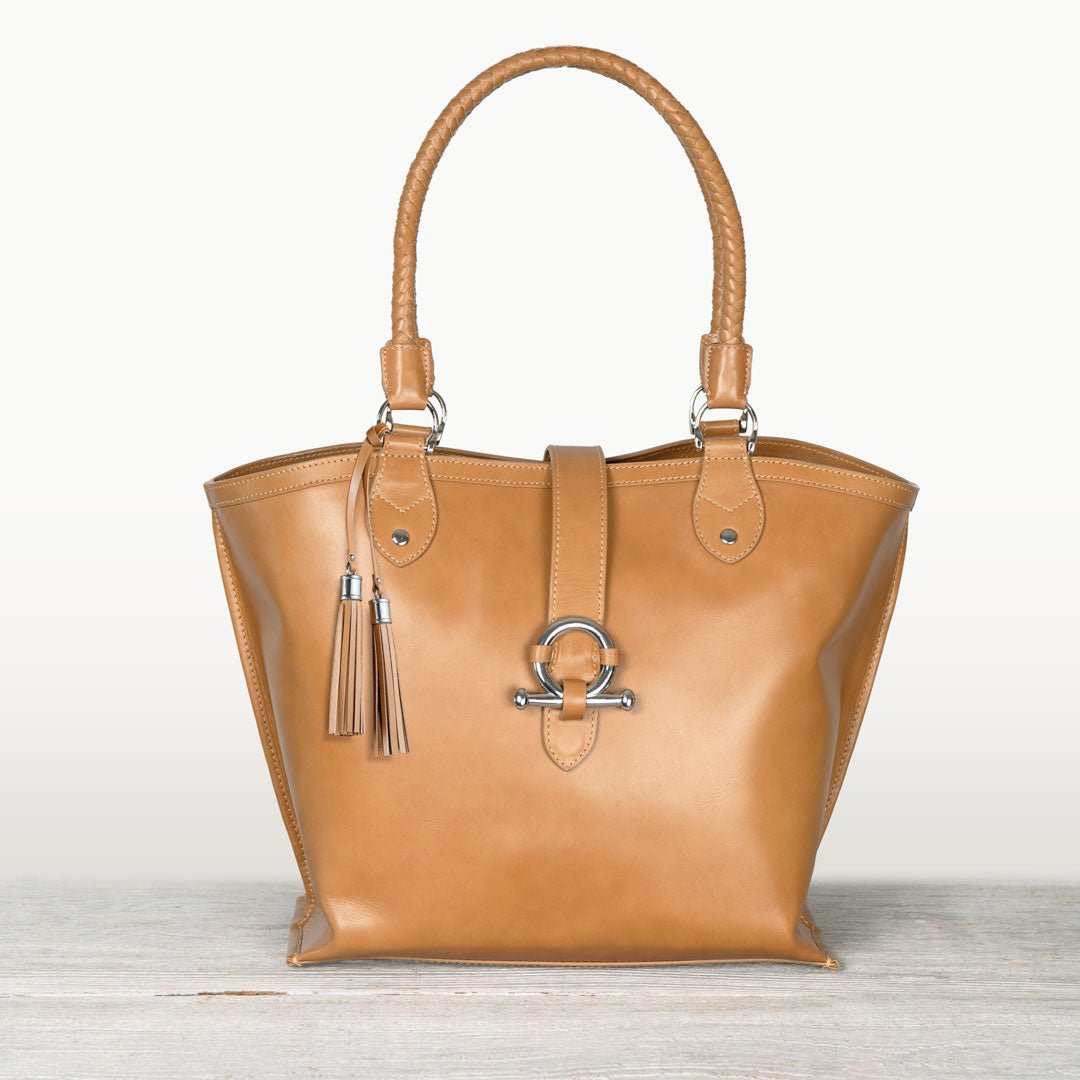 Del Rey -Horse Bit Tote Luxury Leather Handbag in Caramel - URBANPICK FASHION