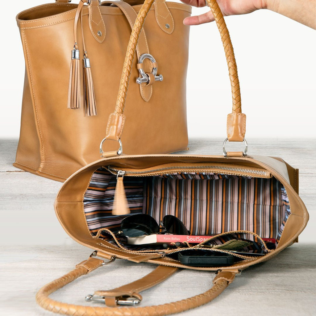 Del Rey -Horse Bit Tote Luxury Leather Handbag in Caramel - URBANPICK FASHION