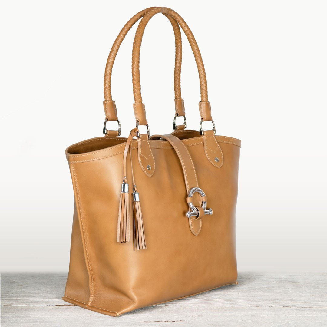 Del Rey -Horse Bit Tote Luxury Leather Handbag in Caramel - URBANPICK FASHION