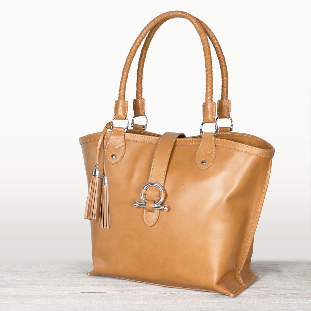 Del Rey -Horse Bit Tote Luxury Leather Handbag in Caramel - URBANPICK FASHION