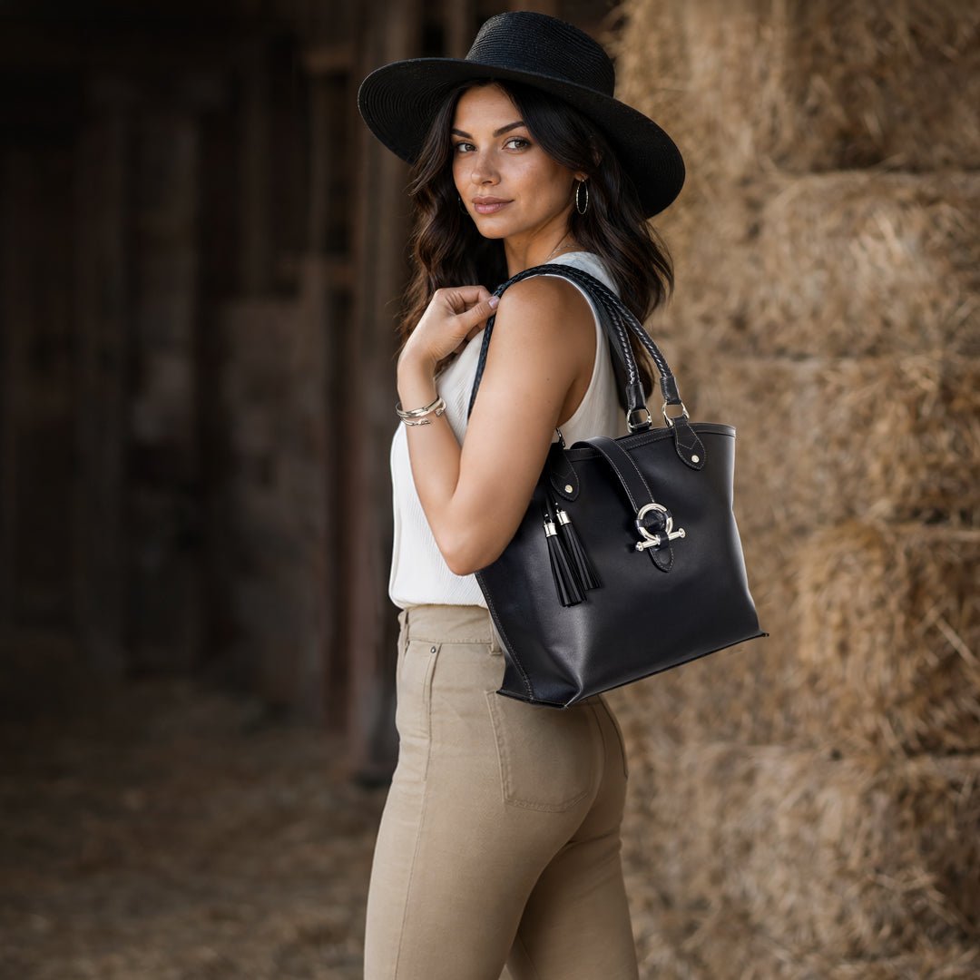 Del Rey -Horse Bit Tote Luxury Leather Handbag in Black - URBANPICK FASHION