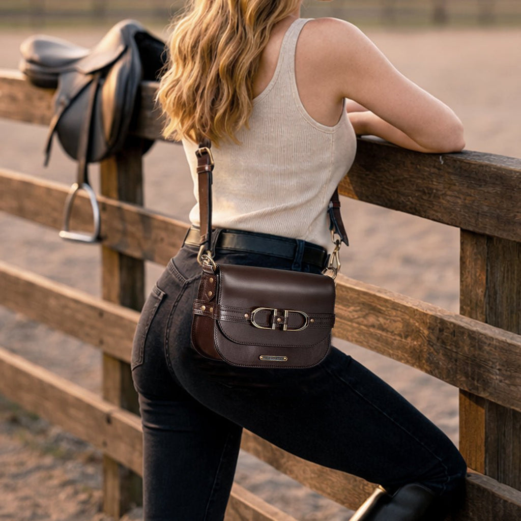 Delaney - Equestrian Stirrup Crossbody Luxury Leather Handbag in Deep Brown - URBANPICK FASHION