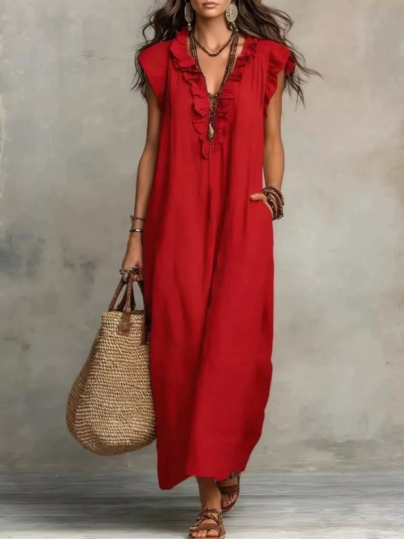 Full Size Ruffled V-Neck Cap Sleeve Maxi Dress Plus Size - URBANPICK FASHION