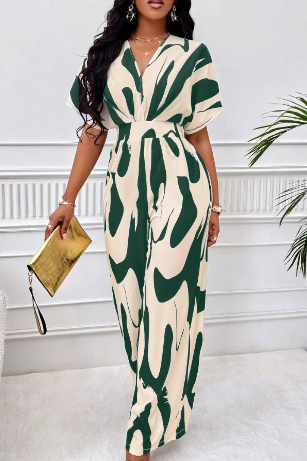 Printed V-Neck Short Sleeve Wide Leg Jumpsuit - URBANPICK FASHION