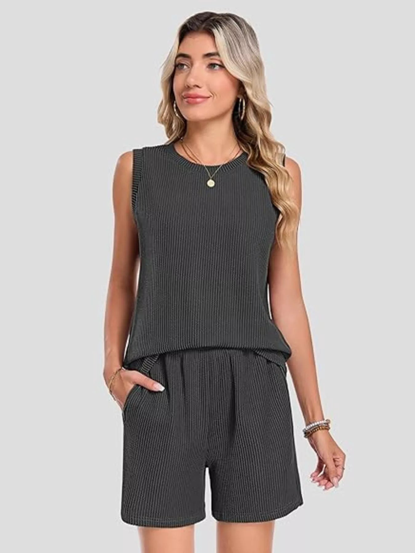 Casual Ribbed Knit Sleeveless Top and Shorts Set - URBANPICK FASHION