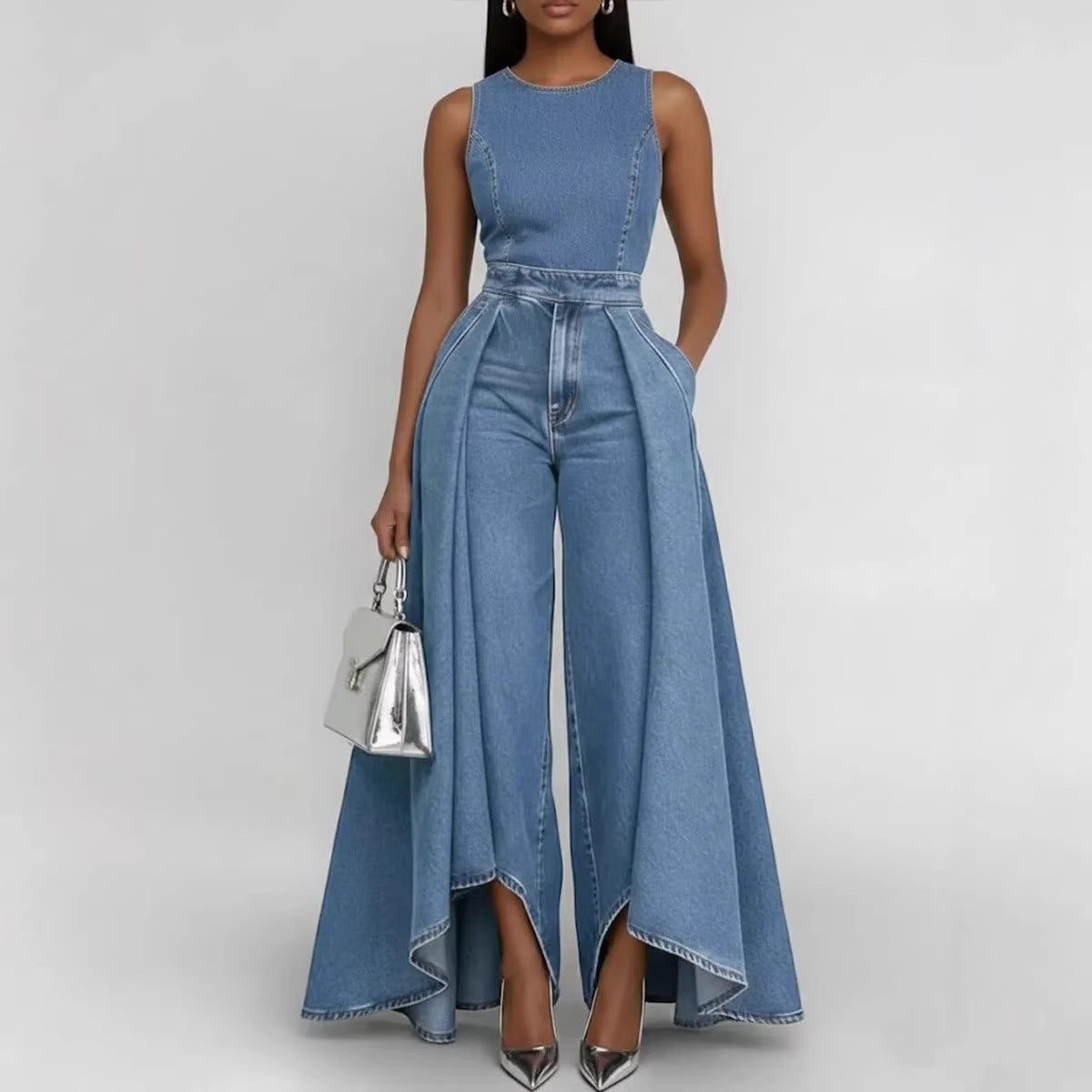 Women’s Crew Neck Sleeveless Wide-Leg Denim Jumpsuit - URBANPICK FASHION
