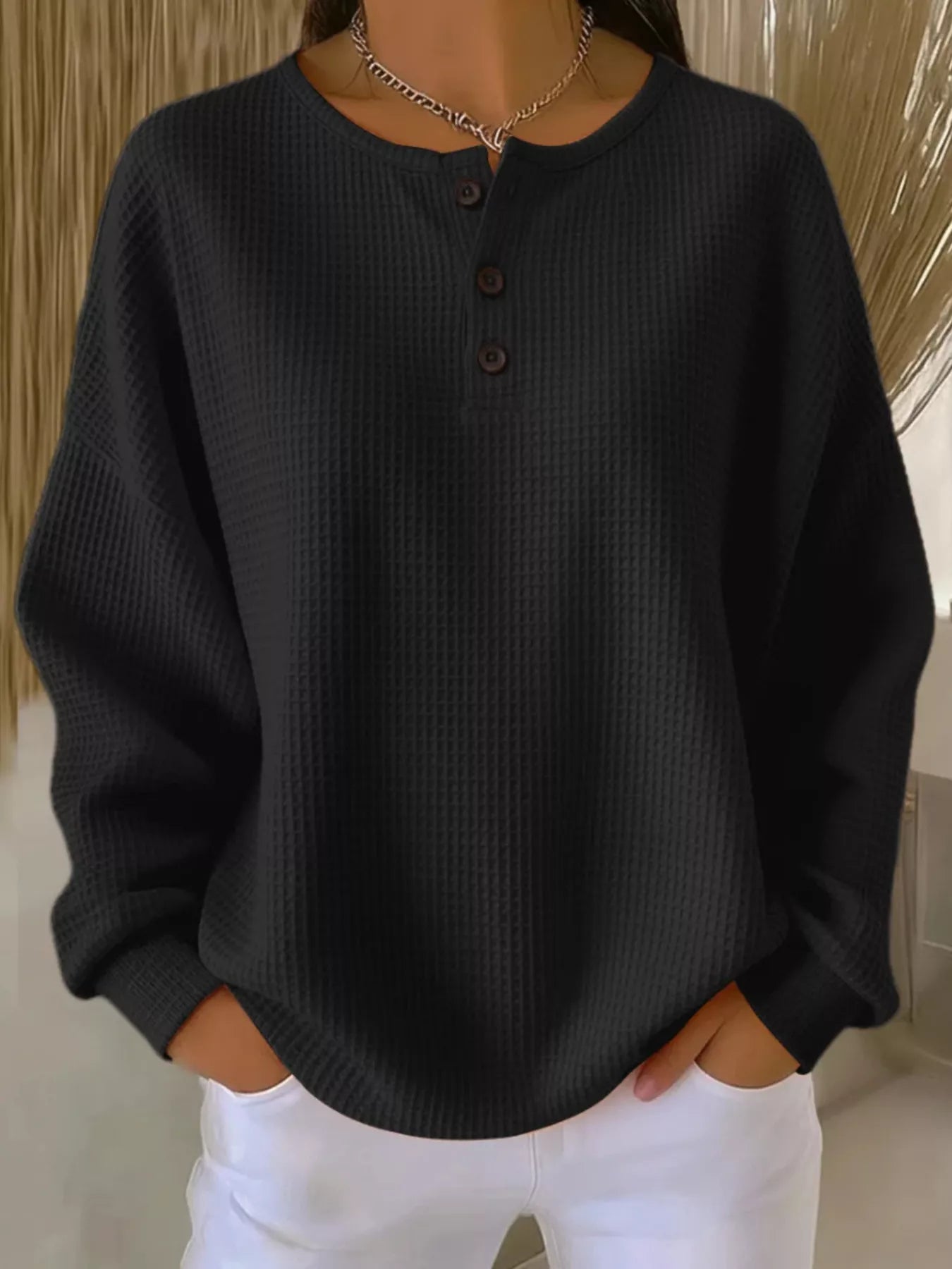 Full Size Waffle Knit Button Detail Top Plus Size - URBANPICK FASHION