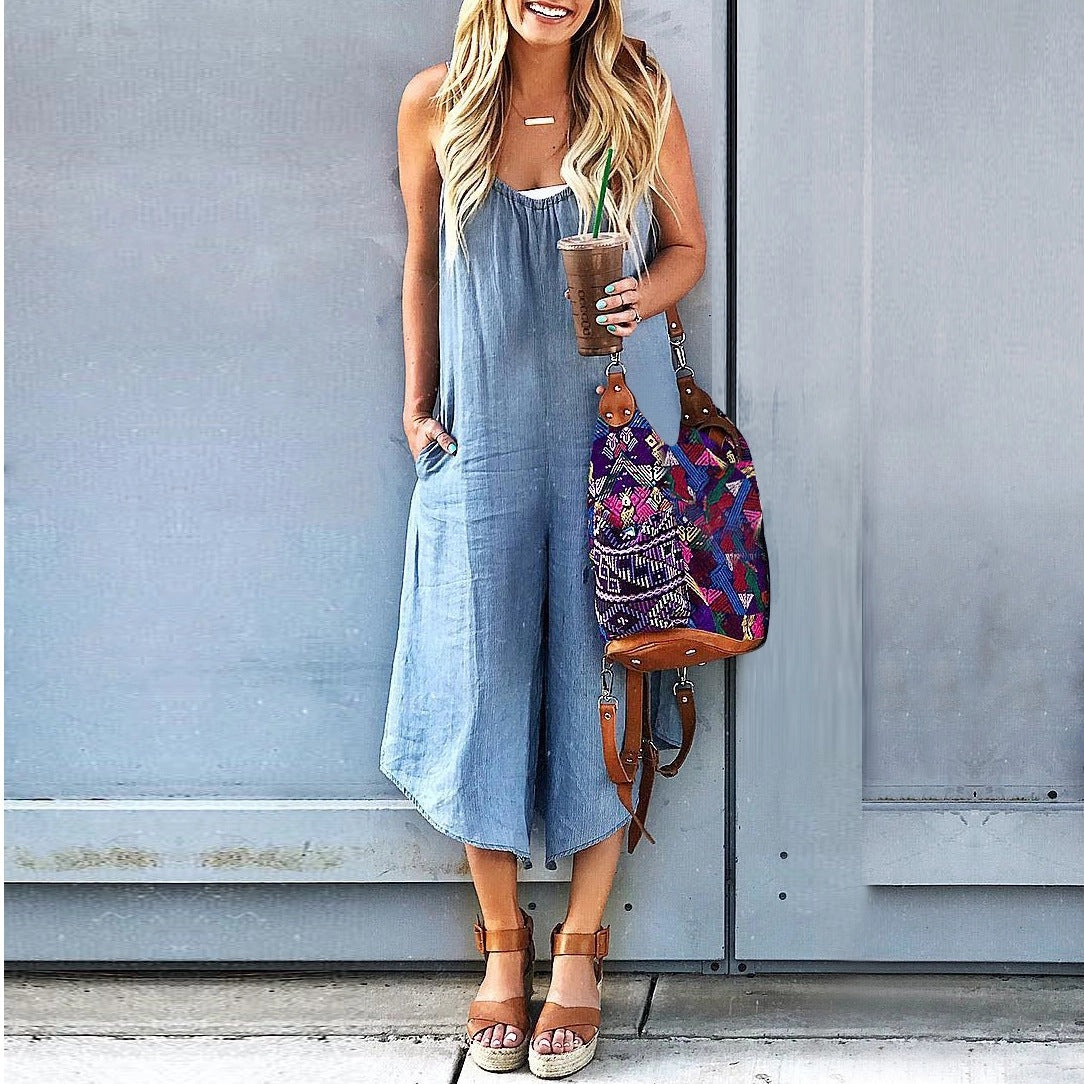 Women’s Crew Neck Sleeveless Wide-Leg Denim Jumpsuit - URBANPICK FASHION