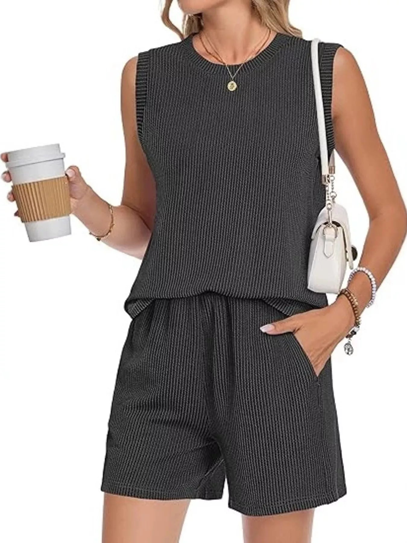 Casual Ribbed Knit Sleeveless Top and Shorts Set - URBANPICK FASHION