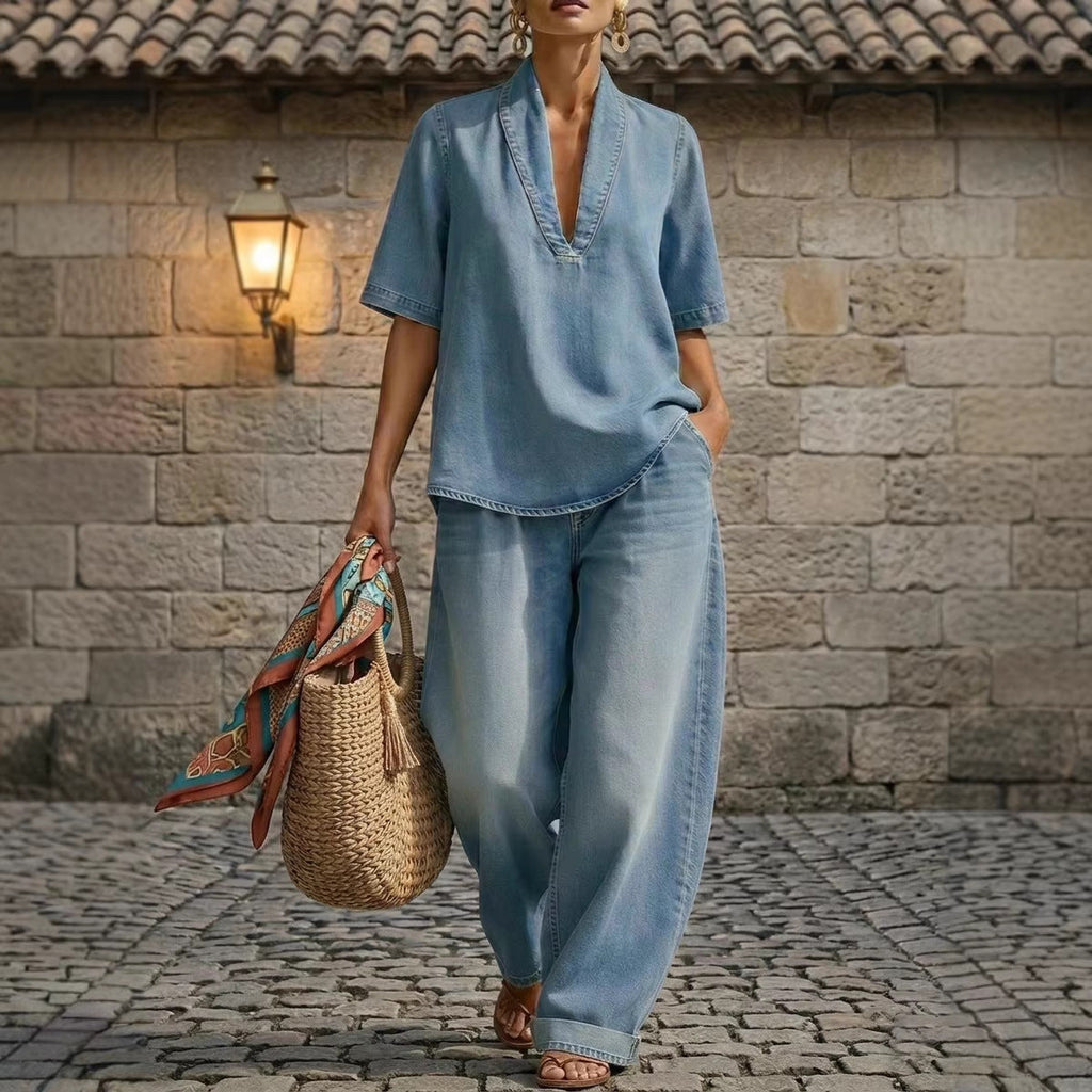 Retro V-Neck Washed Denim Top & Wide-Leg Pants Set – 3 Colors, S–3XL - URBANPICK FASHION