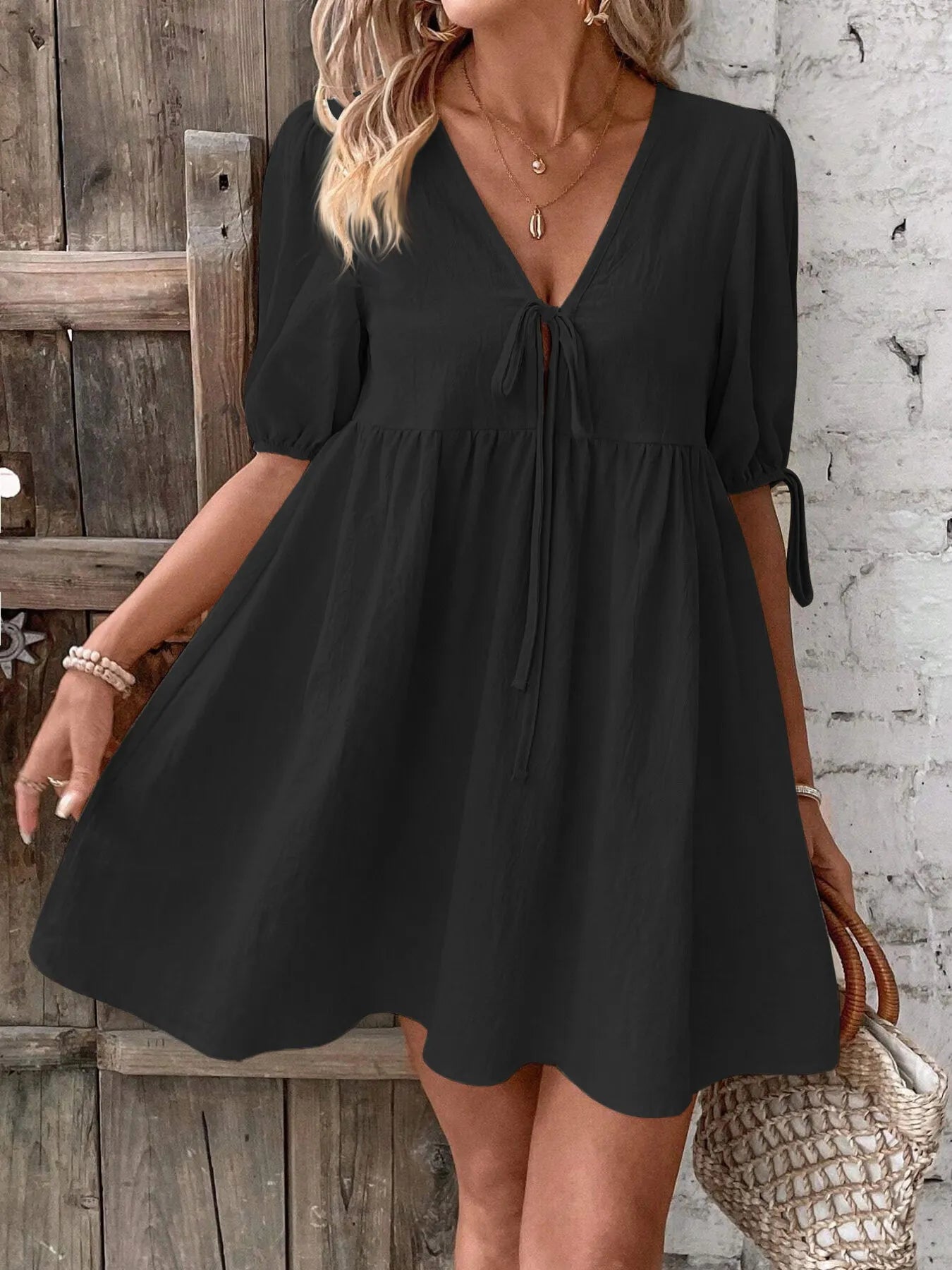 V-Neck Tie-Front Mini Dress with Puff Sleeves - URBANPICK FASHION