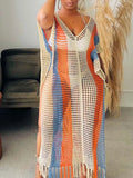 Striped Crochet Cover-Up Dress with Fringe - URBANPICK FASHION