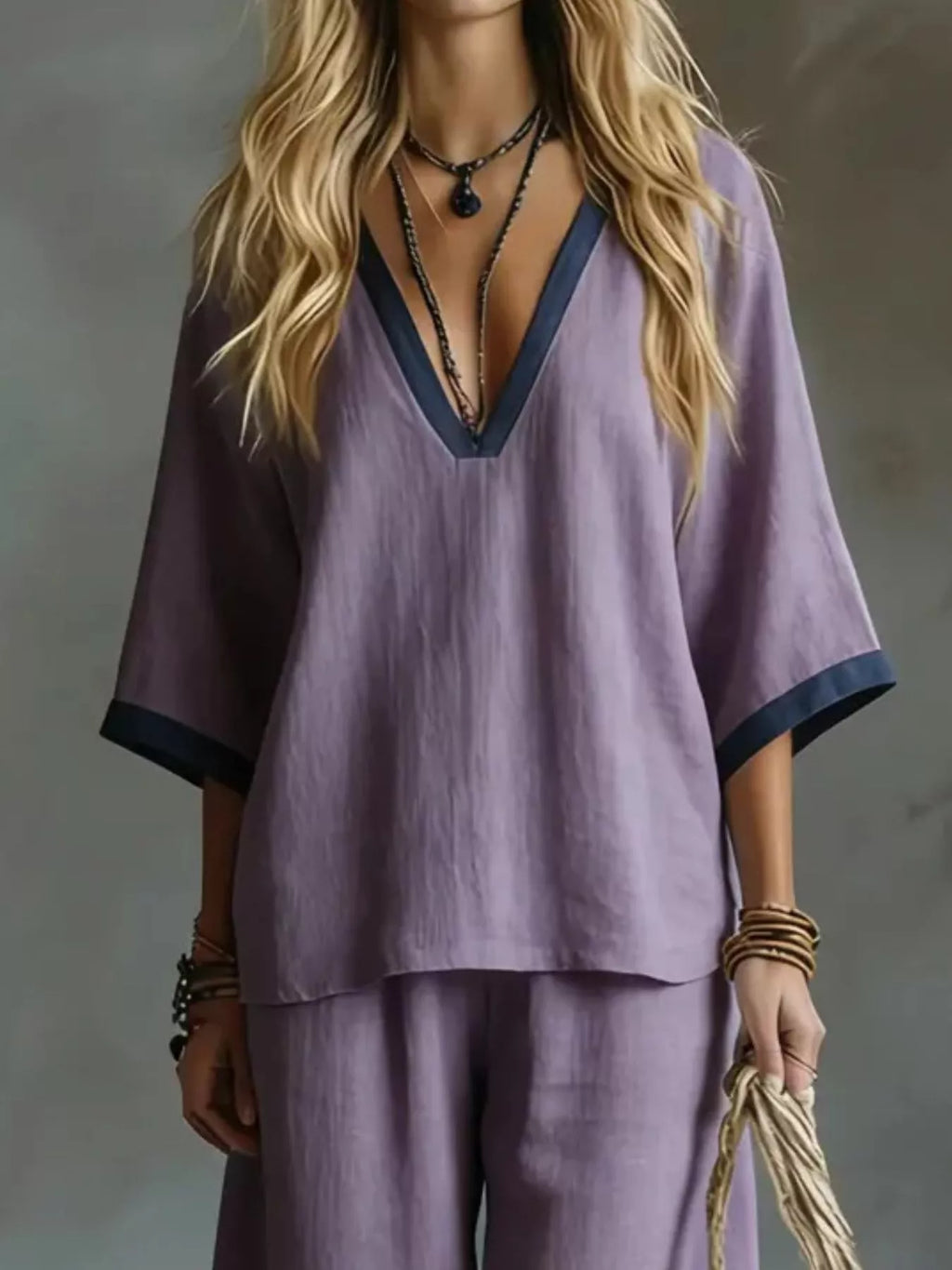 Contrast Trim V-Neck Top and Pants Set - URBANPICK FASHION