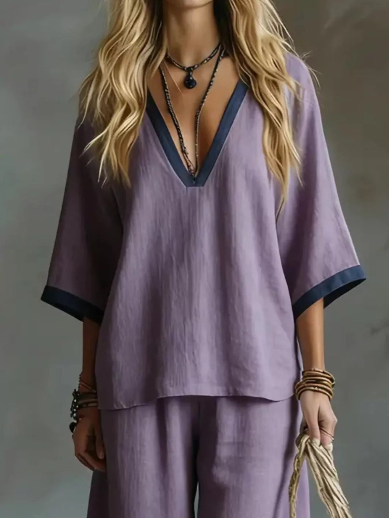 Contrast Trim V-Neck Top and Pants Set - URBANPICK FASHION