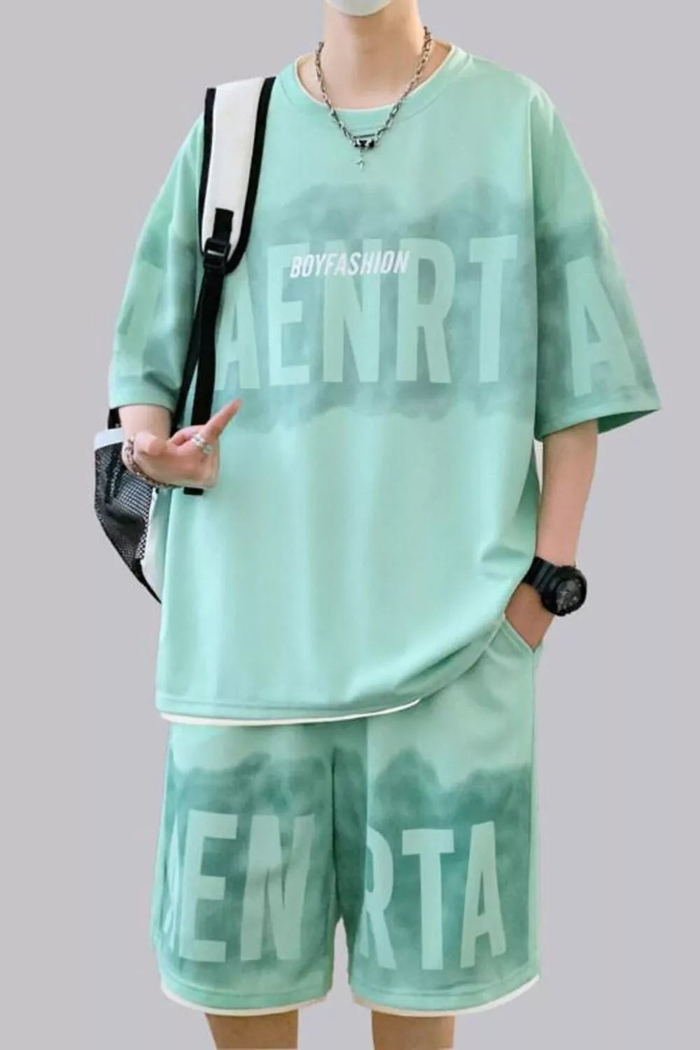 Men's Plus Size Letter Round Neck Tee and Shorts Set - URBANPICK FASHION