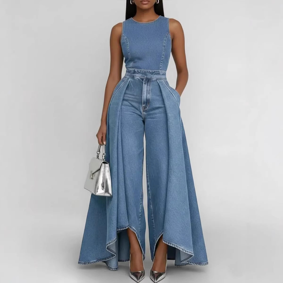 Women’s Crew Neck Sleeveless Wide-Leg Denim Jumpsuit - URBANPICK FASHION