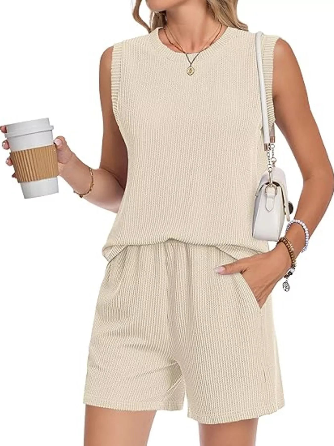 Casual Ribbed Knit Sleeveless Top and Shorts Set - URBANPICK FASHION