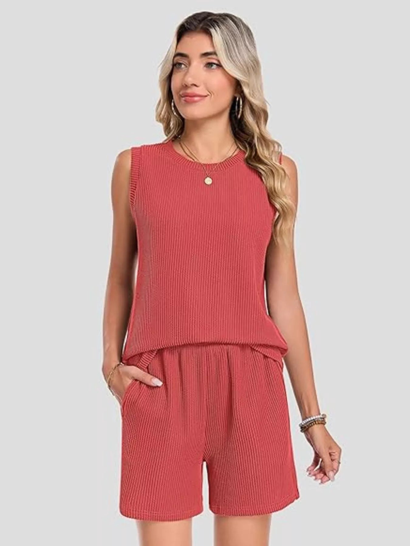 Casual Ribbed Knit Sleeveless Top and Shorts Set - URBANPICK FASHION