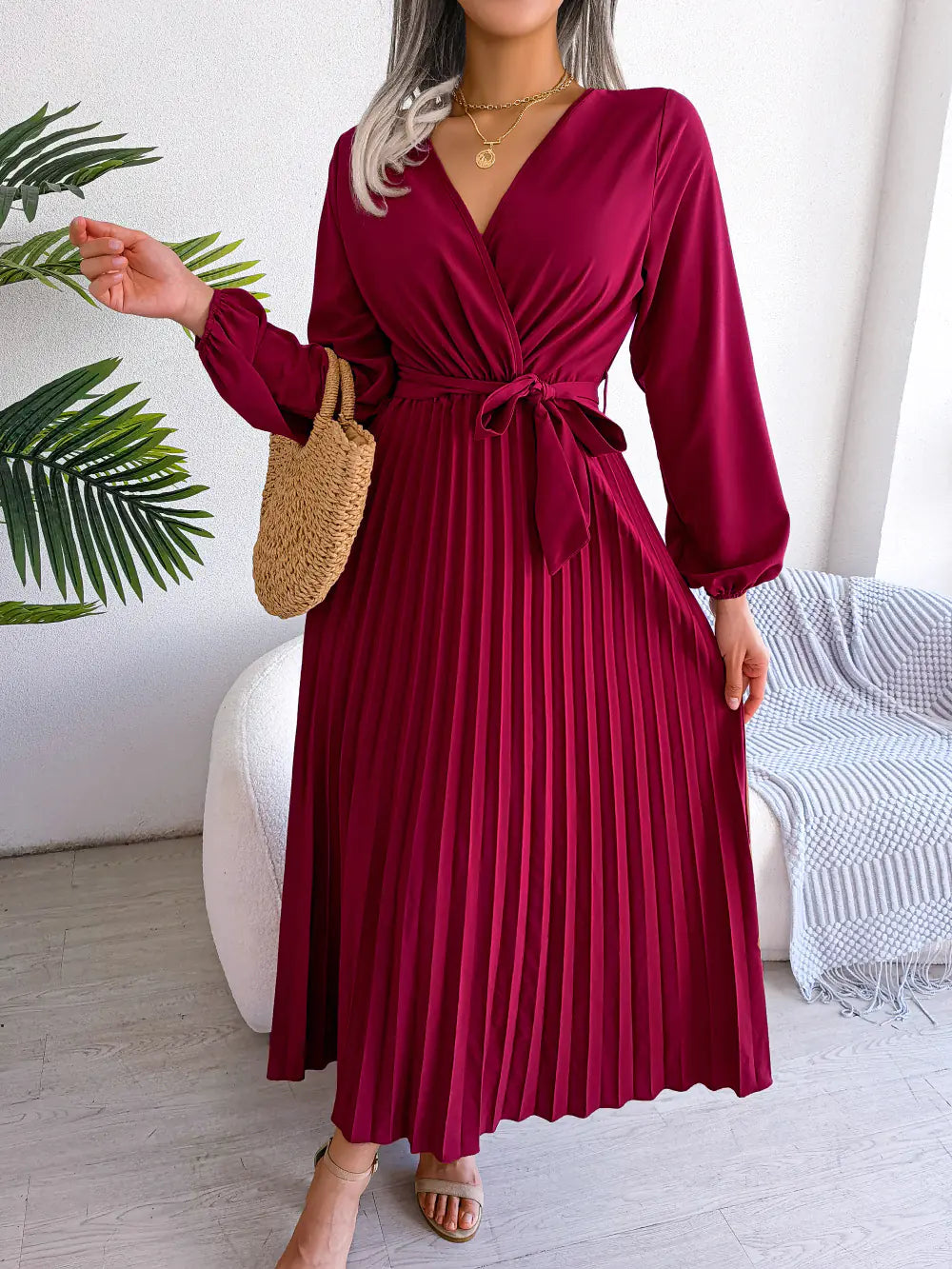 Spring/Summer Cross V-Neck Pleated Maxi Dress - URBANPICK FASHION