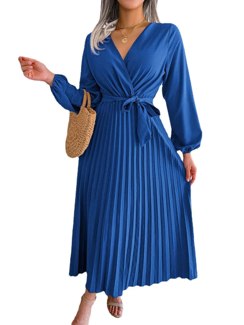 Spring/Summer Cross V-Neck Pleated Maxi Dress - URBANPICK FASHION