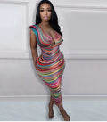 Colorful Striped V Neck Maxi Dress for Summer (One Piece) - URBANPICK FASHION