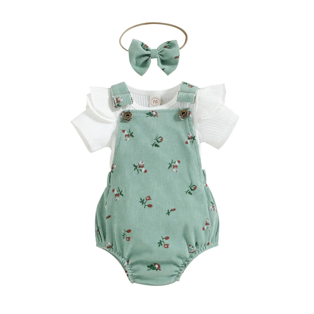 Girls' Floral Corduroy Suspender Pants Set with Headband - URBANPICK FASHION