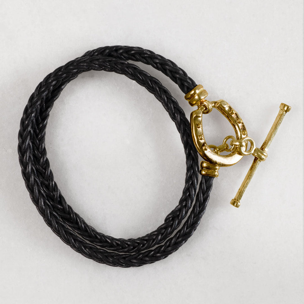 Roundup - Braided Leather Horseshoe Bracelet in Black & Gold - URBANPICK FASHION