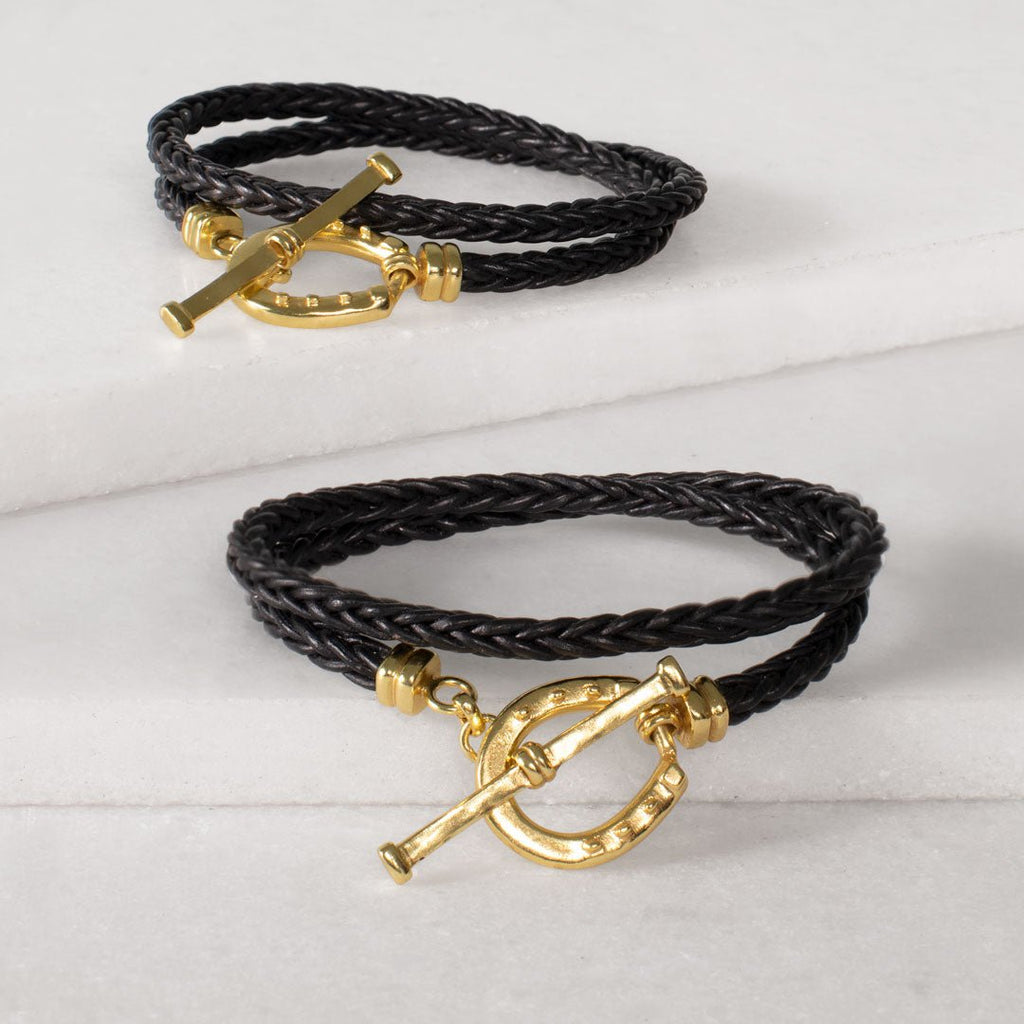 Roundup - Braided Leather Horseshoe Bracelet in Black & Gold - URBANPICK FASHION
